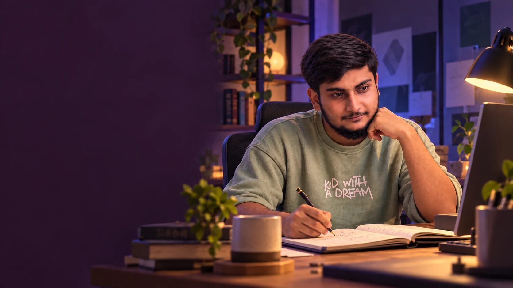 An imagined workspace with Maaz in his sage shirt, pencil and notebook in hand